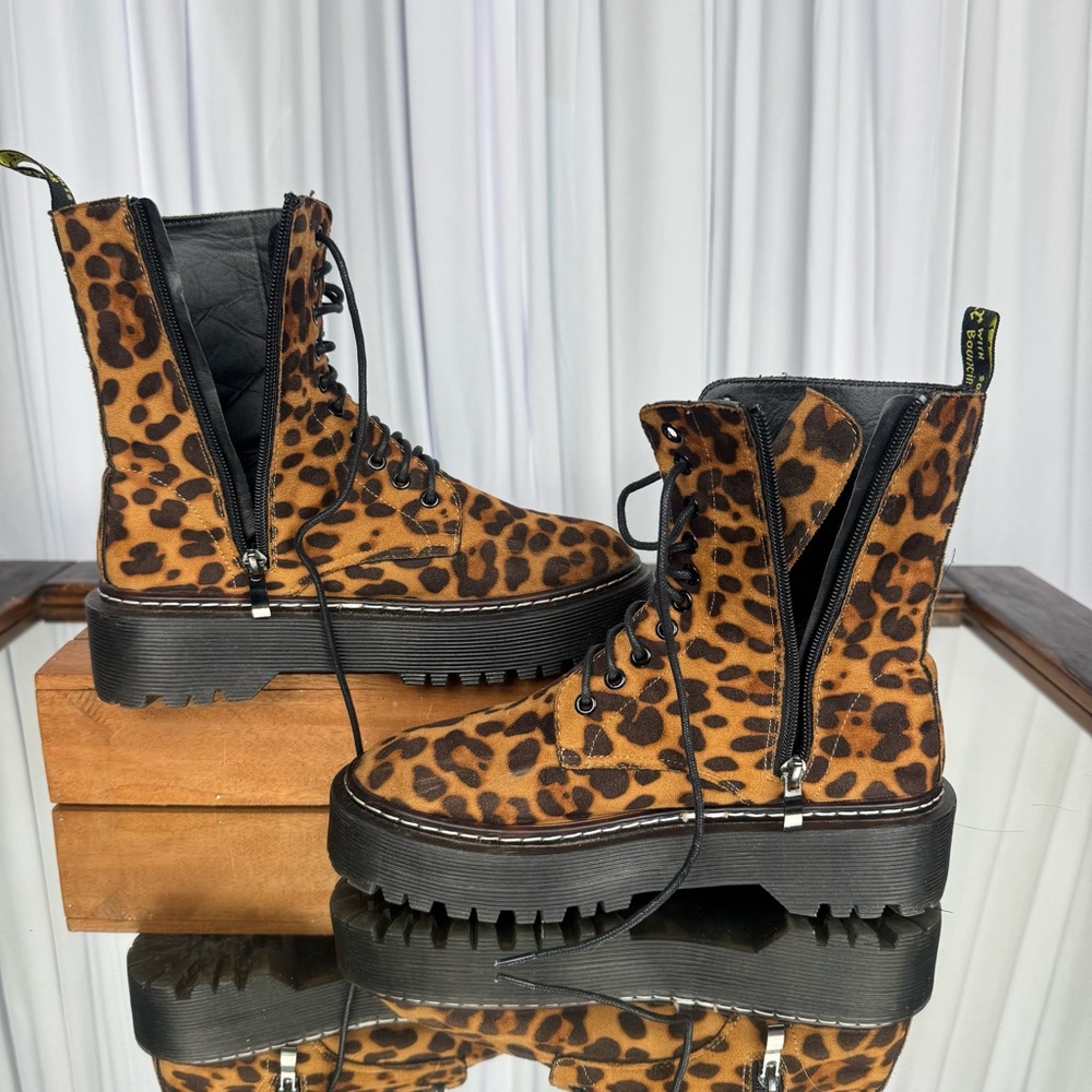 Leopard Print Platform Combat Boots - Brown - Picture 4 of 10